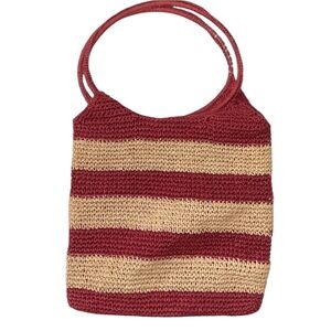 Dark Red and Tan Striped Tote Bag made from paper